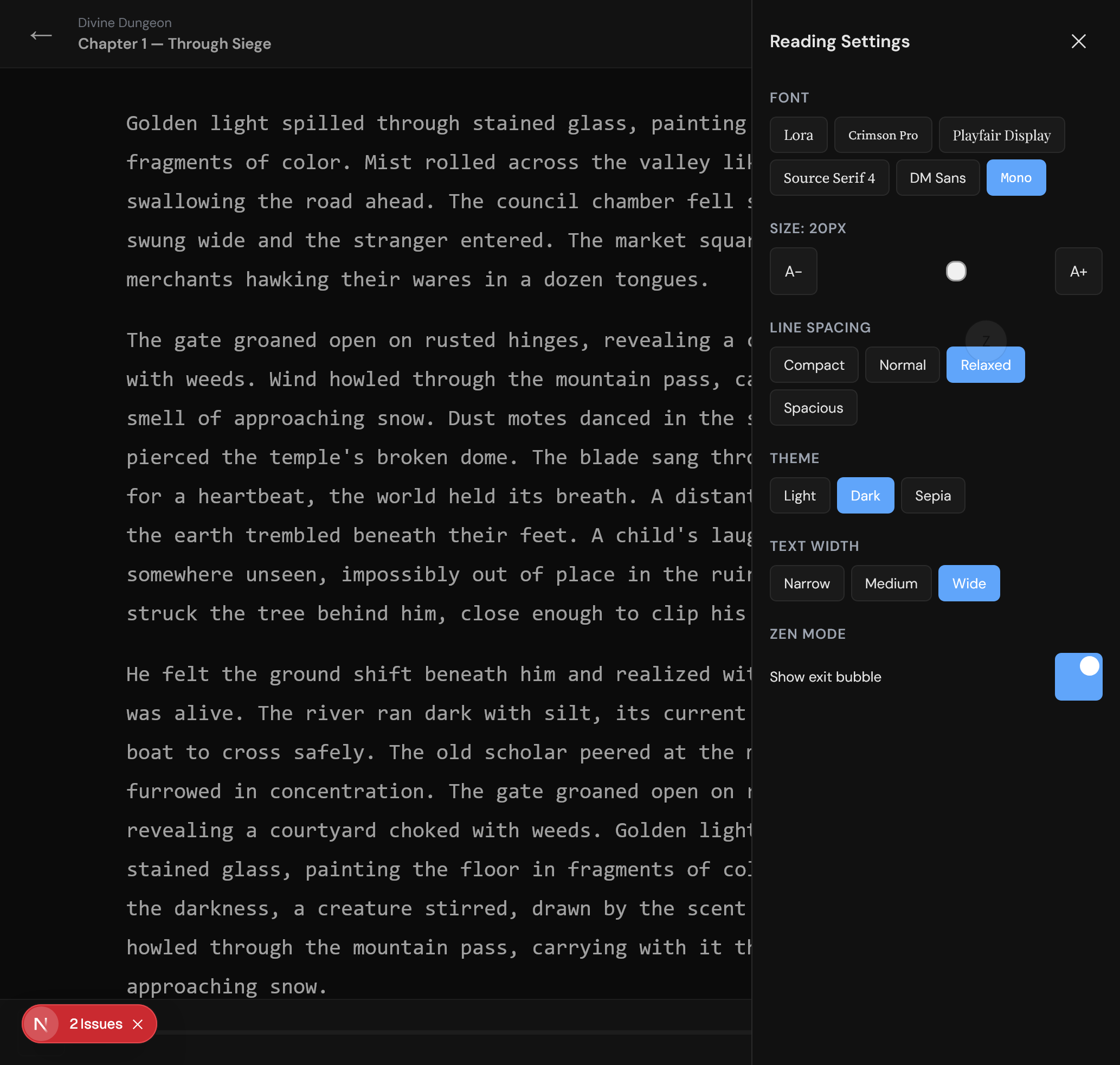 An Immersive Reading Experience - Dark theme